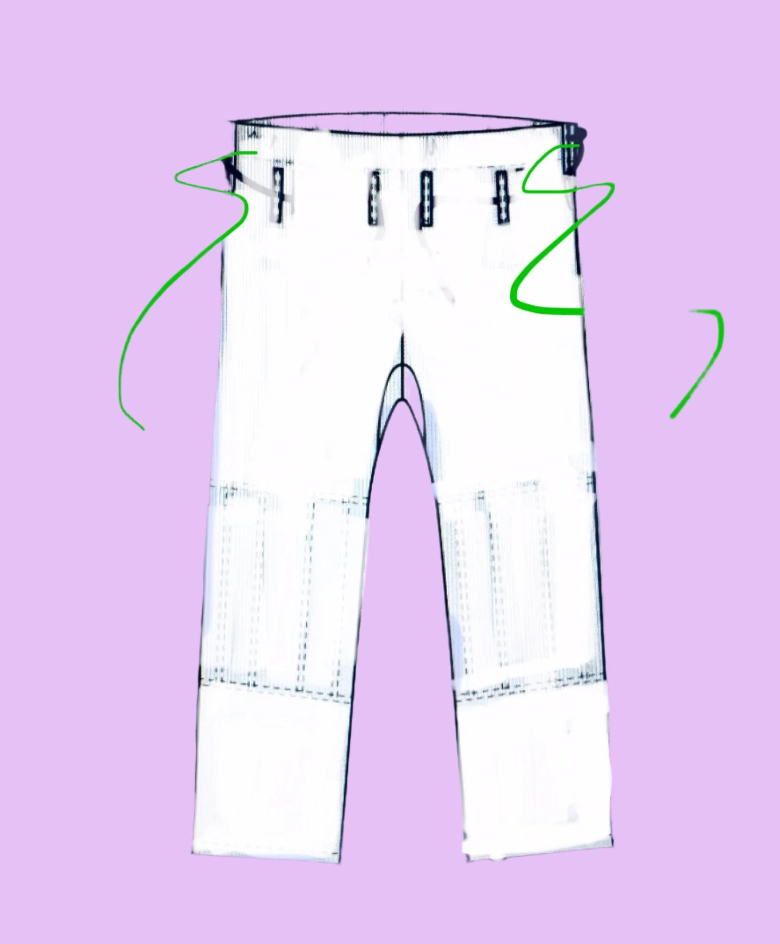 White pants with green strings on a purple background