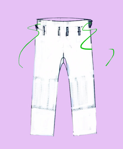 White pants with green strings on a purple background