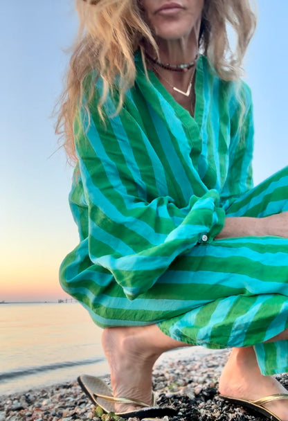 Cabana Stripe Linen Kaftan, AQUA