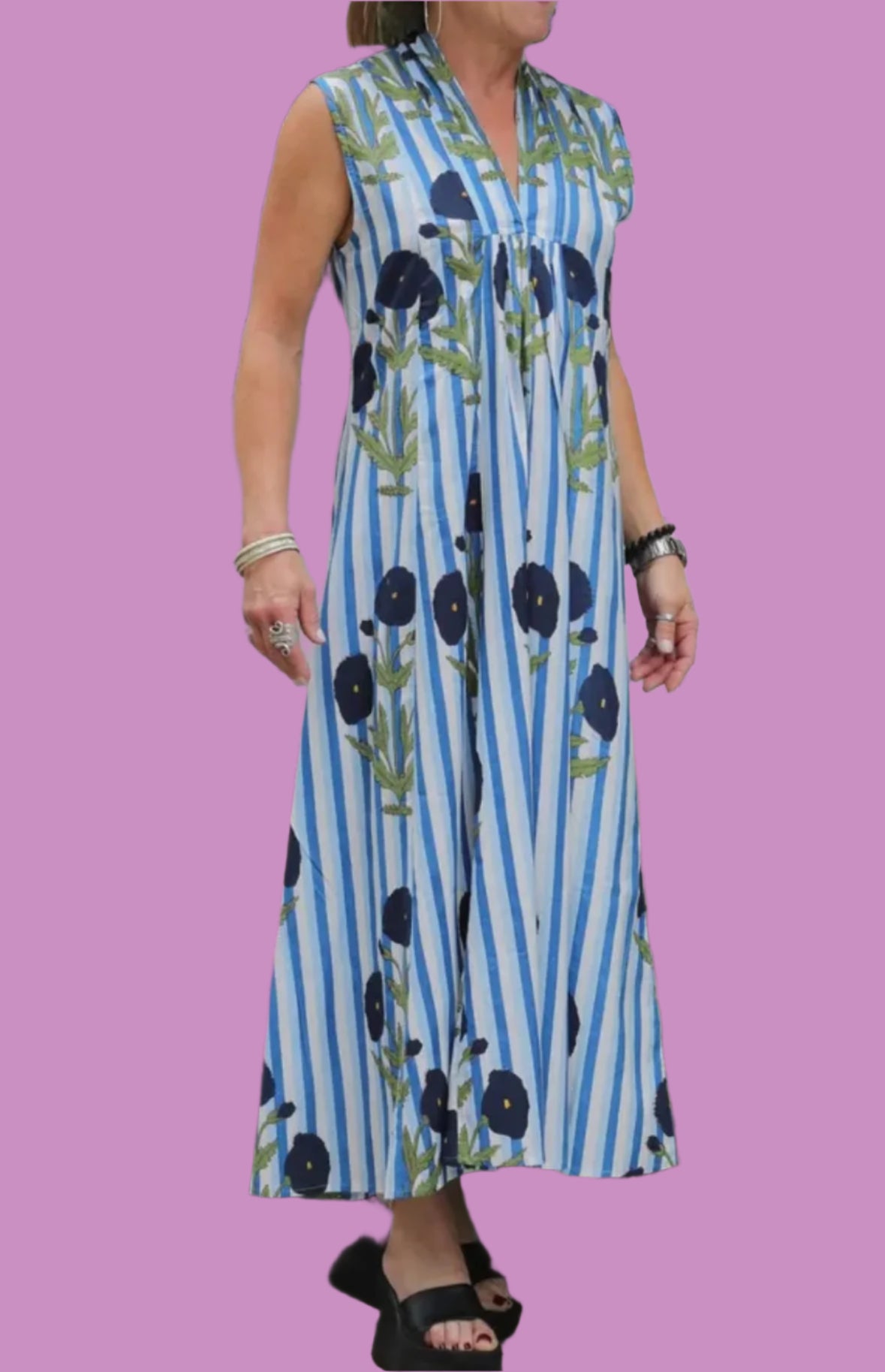 Striped Sleeveless Poppy Dress - BLUE